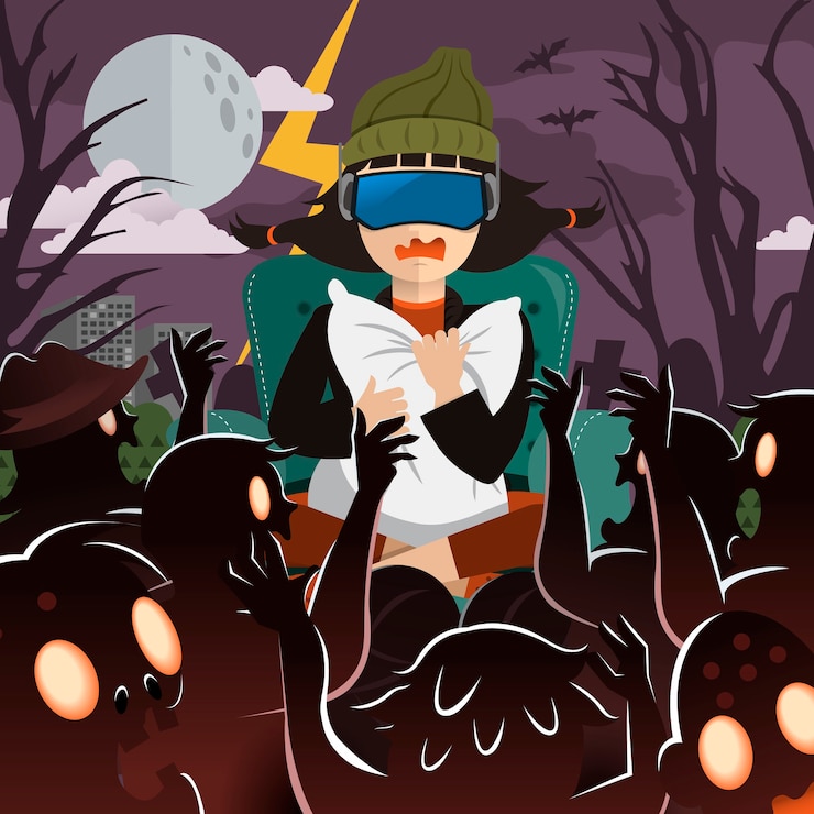 Vector funny virtual reality gaming in flat design style