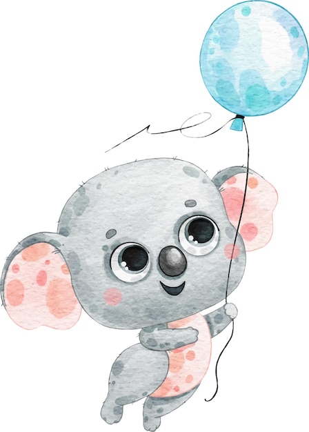 Funny watercolor gray koala and blue air balloon