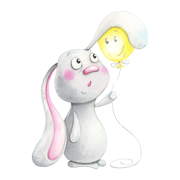 Vector funny watercolor hare with a balloon the ball is hiding under the rabbit's ear