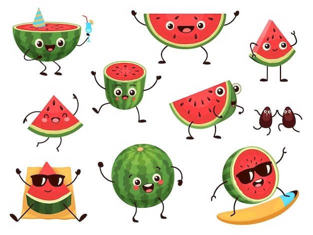 Funny watermelon slices characters with cartoon smile faces cute fruit in sunglasses surf summer time party comic watermelons vector set