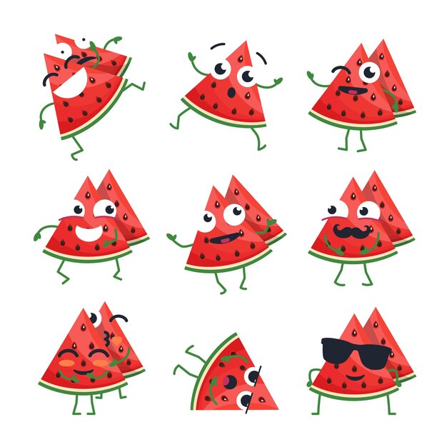 Funny watermelon - vector isolated cartoon emoticons. Cute emoji set with a nice character. A collection of angry, surprised, happy, cheerful, ill, crazy, laughing, sad fruit on white background