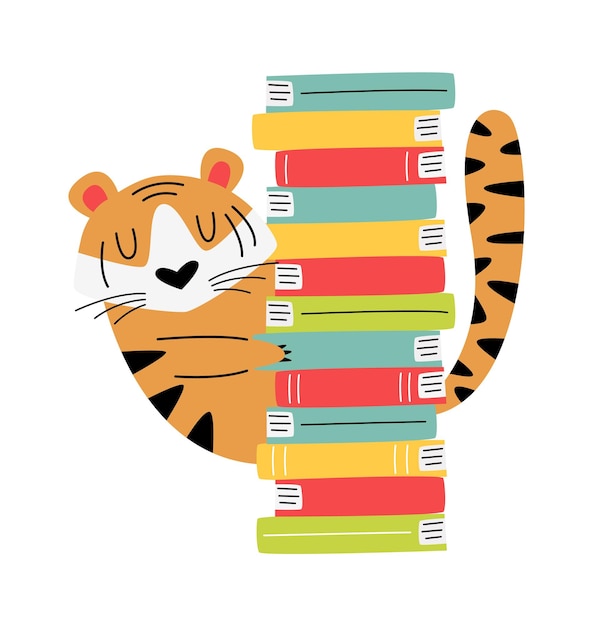 Vector funny wild tiger with books flat icon
