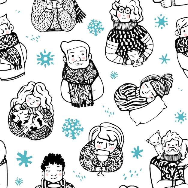 Funny winter seamless pattern with Cute people for wrapping paper postcards or other design