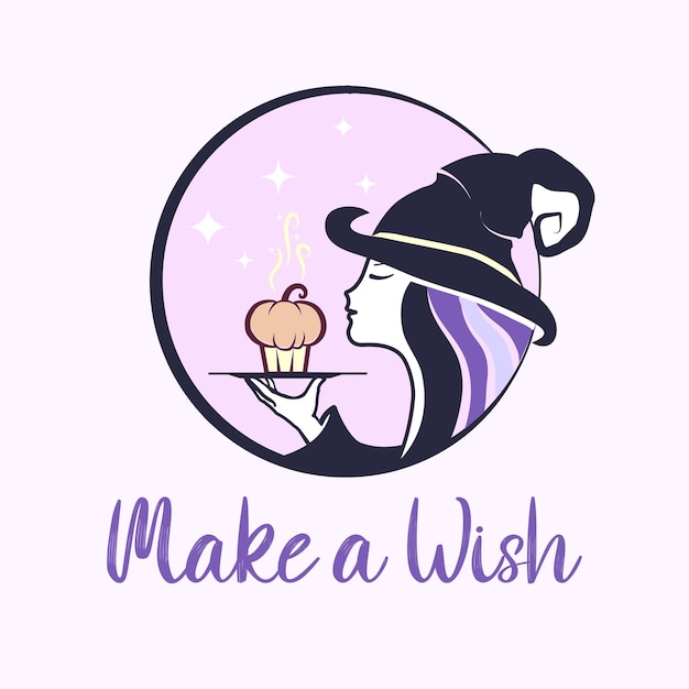 Funny witch in the hat smelling the pumpkin pie or cake on a plate and making a wish