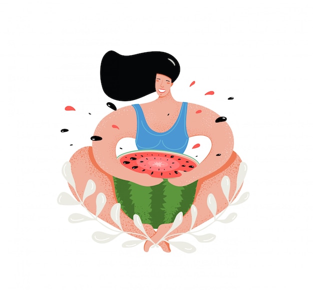 Funny woman eating watermelon flat  illustration.