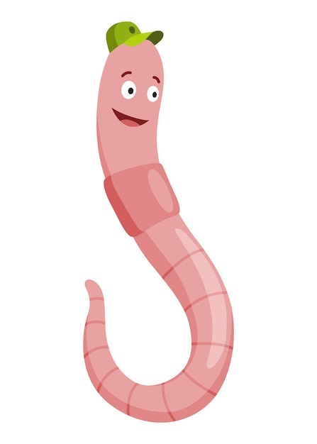 Funny worm Pink crawler amazemented in cap Earth worm cartoon character wildlife nature Insect for kids illustration