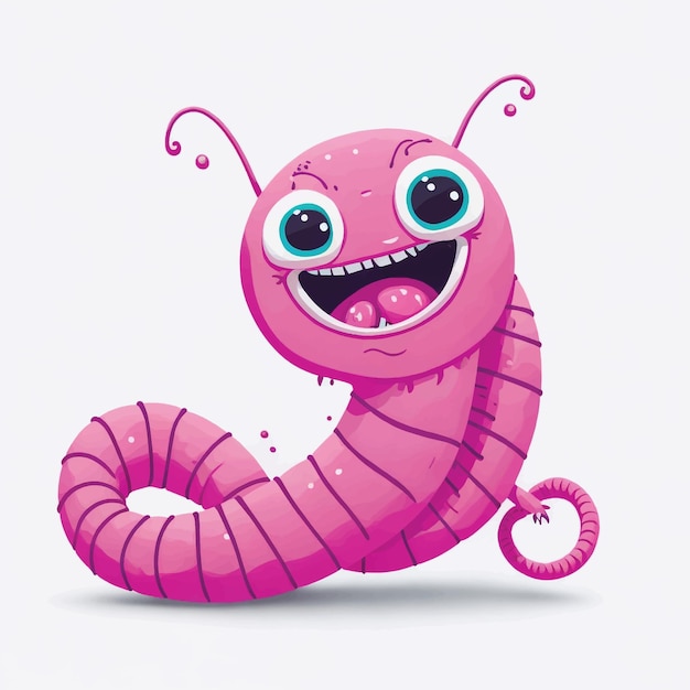 Vector funny worm pink happy crawler creeps and smiles vector illustration white background
