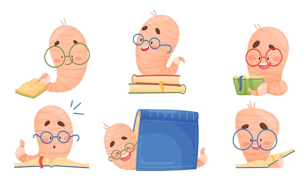 Vector funny worm wearing glasses sitting on books and reading vector set