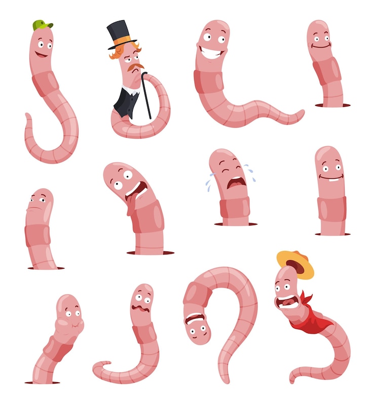 Vector funny worms collection soil crawlers with various emotion expressions set happy amazement pensive upset applegrubs earth worm cartoon characters wildlife nature insects for kids illustration