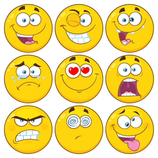 Смешные желтые мультфильм emoji лицевой набор символов