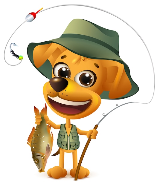 Funny yellow dog fisherman holds large fish. Successful fishing big catch. Isolated on white cartoon illustration