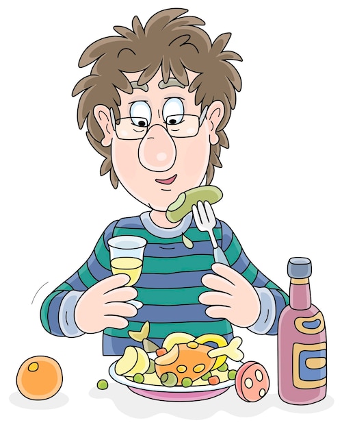 Vector funny young man with disheveled hair drinking a glass of wine and having dinner