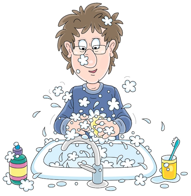 Vector funny young man with disheveled hair washing his hands in a sink of a bathroom