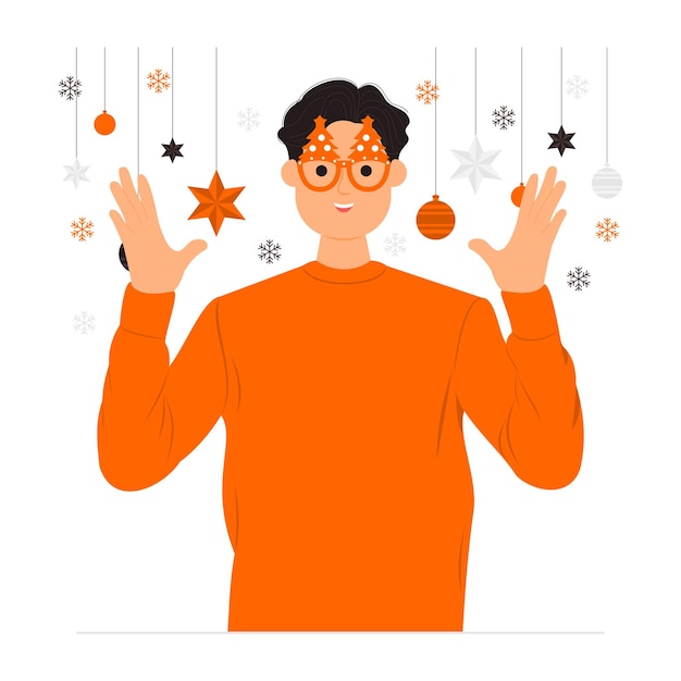 Vector funnyman wearing glasses in the shape of a christmas tree and celebrating christmas