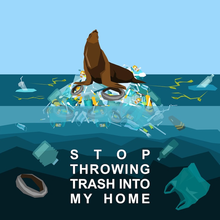 Vector fur seal lies on an island of plastic waste conceptual illustration about the problem of pollution of the world s oceans with plastic waste