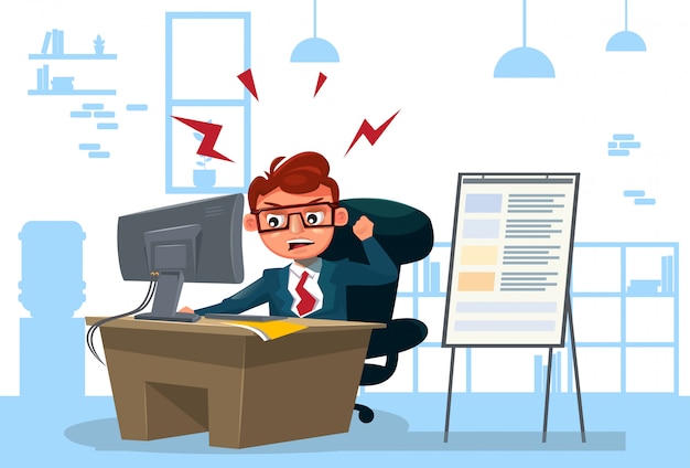 Vector furious business man working on computer sit at desk over office