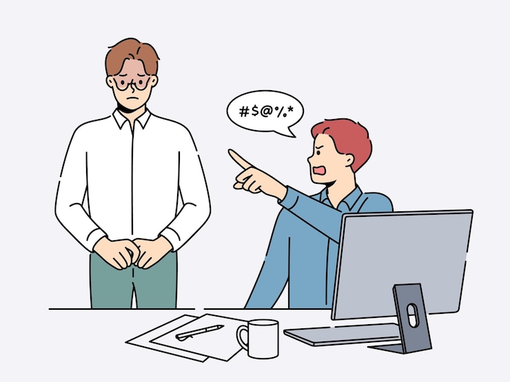 Vector 화가 난 사업가가 스트레스를 받는 직원에게 비명을 질렀다