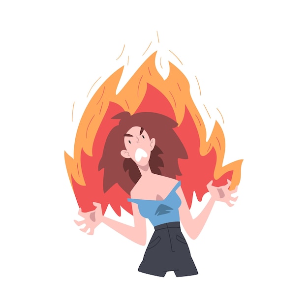 Vector furious girl in flame burning fury rage stress burnout emotional problems cartoon style vector illustration