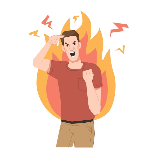 Vector furious screaming guy crazy person fire flame