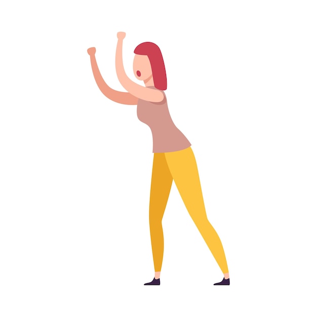 Vector furious woman character wearing casual clothes yelling and waving her fists flat vector illustration