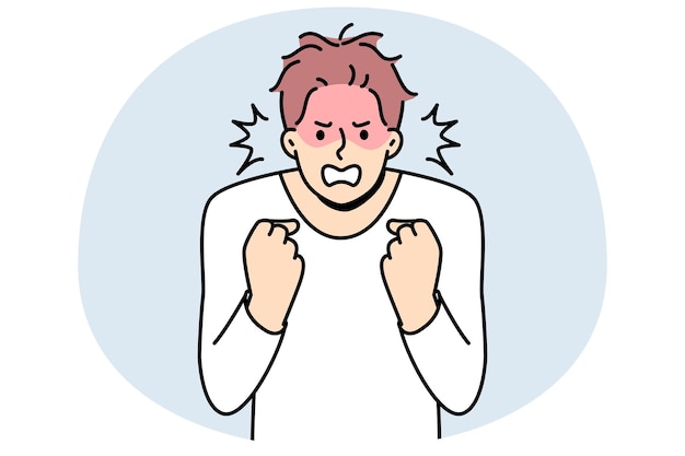 Furious young man clench fists struggle with madness or panic Angry male feeling emotional and enraged Rage and emotion control Vector illustration