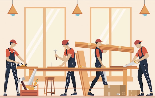 Vector furniture assembly concept illustration. manufacture of furniture. workers of manufacture with professional tools.