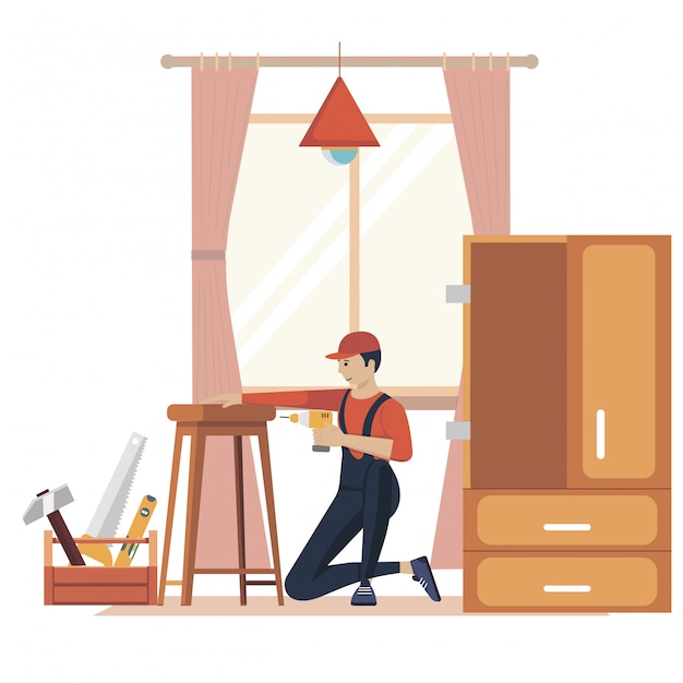 家具組立の概念図。プロのツールを使って製造する労働者。家具店の専門家からの助け。フラット漫画イラスト