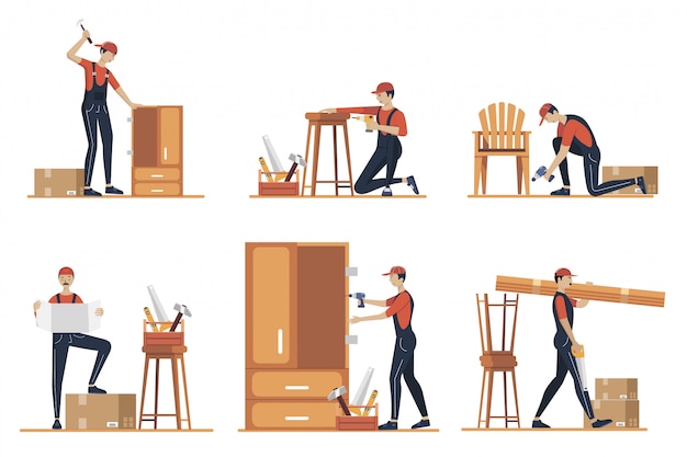 Furniture assembly concept illustration. Workers of manufacture with professional tools. Help from furniture store professional. Flat cartoon illustration