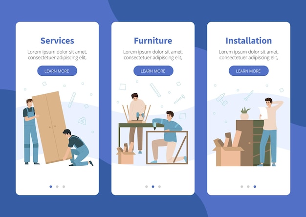 Design dell'app piatta per l'assemblaggio di mobili con tre banner verticali mobili isolati con pulsanti di testo e immagini vettoriali