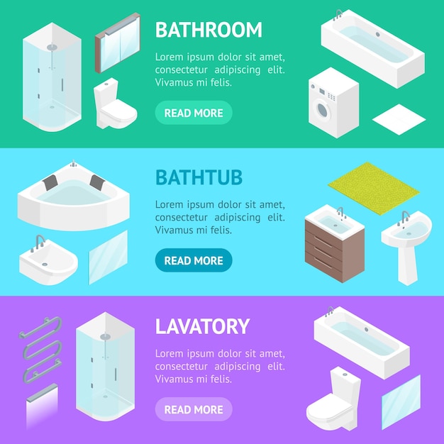 Furniture bathroom interior banner horizontal set isometric view vector