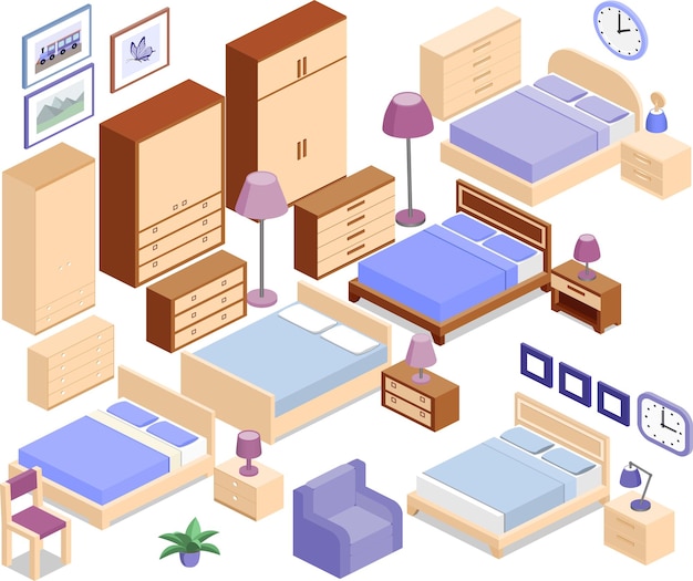 Vector furniture for bedroom in isometric style.