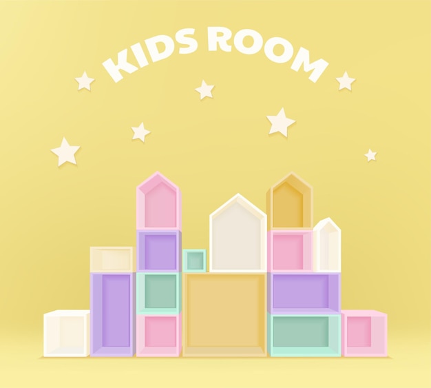 子供部屋の家具、本棚。 3D モックアップの空白の小売収納スペース。インテリアデザインを構築する