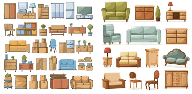 Vector furniture and boxes icons set for rooms of house
