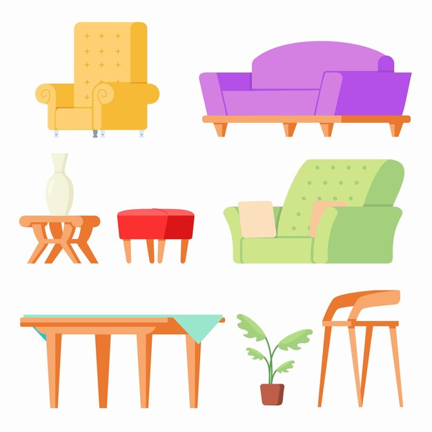 furniture and chairs of various shapes and types for decorating and utilizing different rooms vector flat illustration