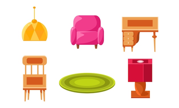 Vector furniture collection home accessories armchair wooden chair carpet lamp desk vector illustration in flat style