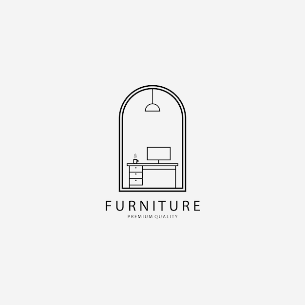 Furniture Computer Table Logo Vector Illustration Design Line Art