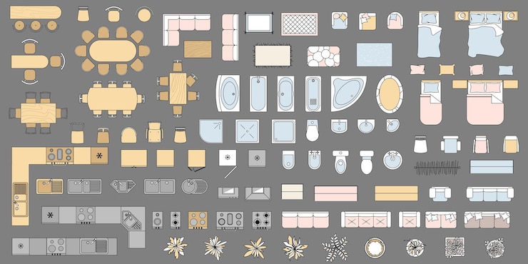Vector furniture and element top view set of color icons interior for plan apartment living room bedroom