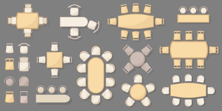 Vector furniture elements and equipment top view for interior kitchen dining room house apartment office