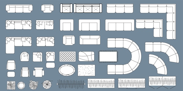 Vector furniture elements outline symbol for house office apartment living room top view interior icon