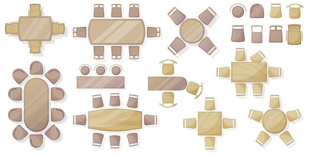 Вектор Элементы мебели вид сверху для столов для столовой, кухни, гостиной, офиса, дома, квартиры. значок интерьера, столы, стулья, растения. набор символов мебели для дизайна интерьера. изолированный вектор