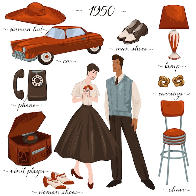 Furniture and fashion of 50s, man and woman wearing traditional clothes of 1950s. Male and female with car and telephone, earrings and shoes, lamp and minimalist chair stool. Vector in flat style