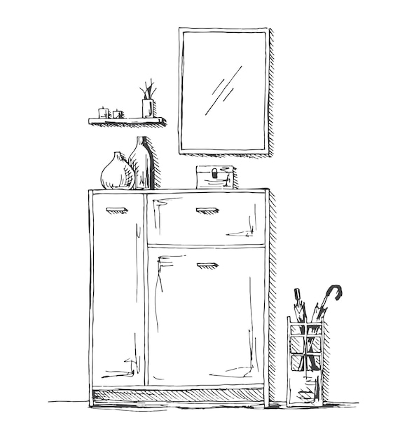 Vettore mobili nel corridoio cassettiera portaombrelli specchio e decorazione illustrazione vettoriale in stile schizzo