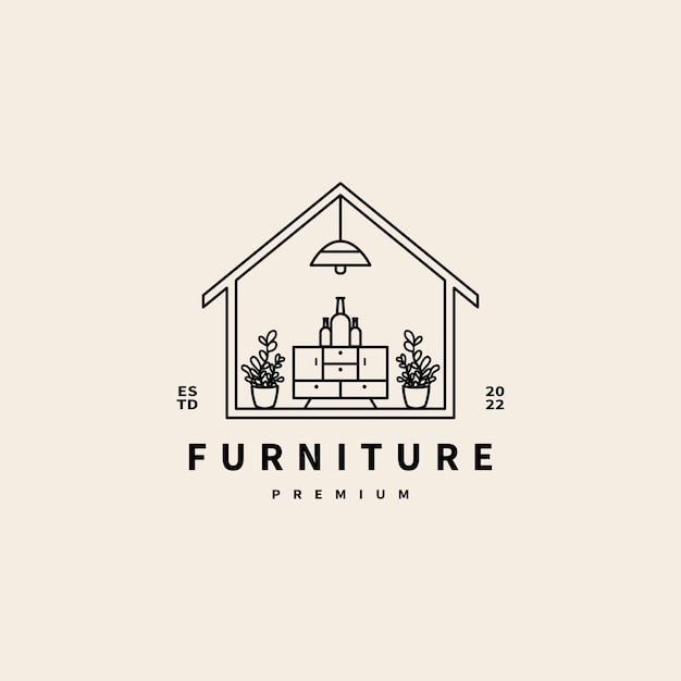 Furniture house logo design with line art style drawer shelf lamp and flower pot