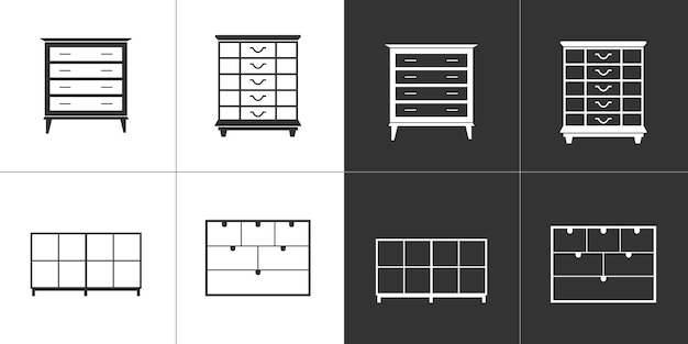 Furniture icons set abinets dressers Linear icons on black and white background