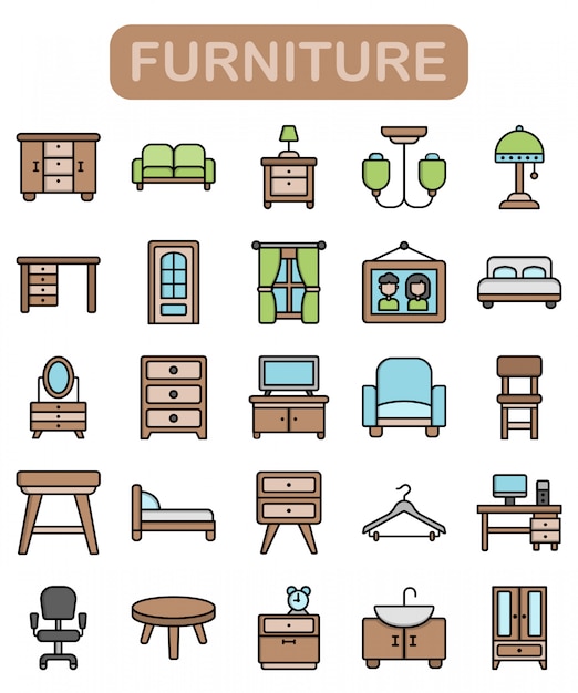 Furniture icons set, lineal color style Premium  