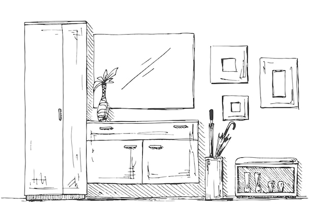 Мебель в прихожей, комод, вешалка для шкафа, зеркало и украшение, векторная иллюстрация в стиле эскиза