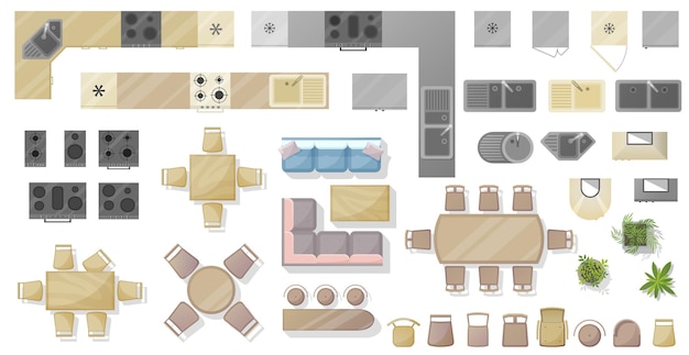 Mobilia. per cucina e sala da pranzo vista dall'alto. set di elementi per casa, appartamento, ufficio. icona interna, attrezzature, tavoli, sedie, vista dall'alto del lavandino. simbolo di mobili kit per l'interior design. vettore