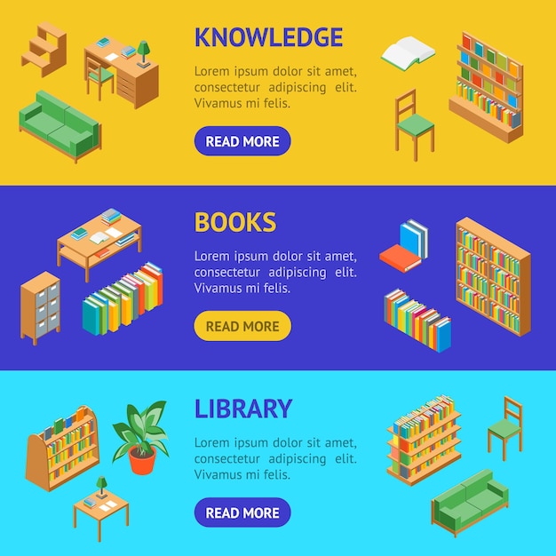 Furniture for Library 3d Banner Horizontal Set Isometric View Include of Book Bookshelf Bookcase Table Chair Textbook and Lamp Vector illustration