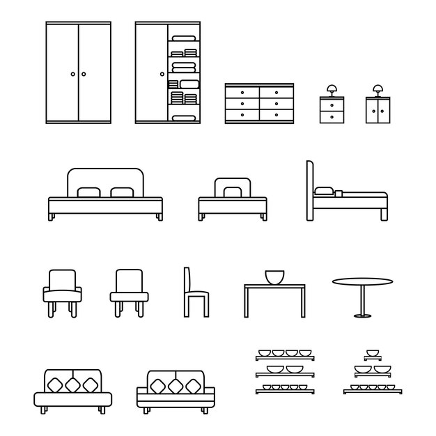 Вектор Набор иконок мебельной линии, стул, диван, кровать, шкаф и т. д.