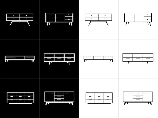 Set di icone della linea di mobili mobili comodino cassettiera illustrazione vettoriale